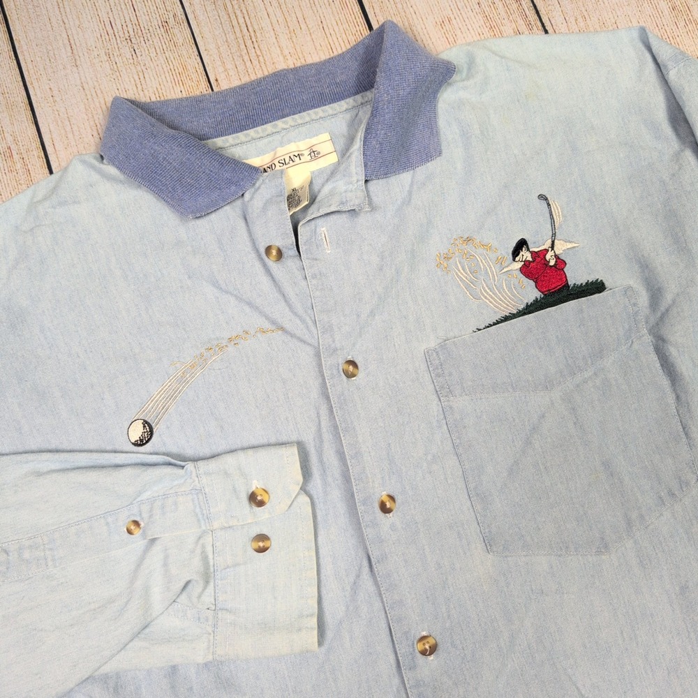 Grand Slam Golf Shirt Embroidered Graphic Button Up Light Blue XL